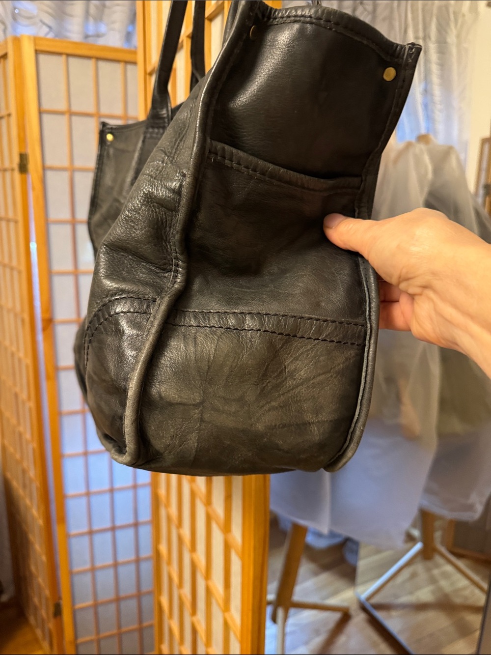 Frye Black Leather Tote with Brass Accents - Picture 5 of 9